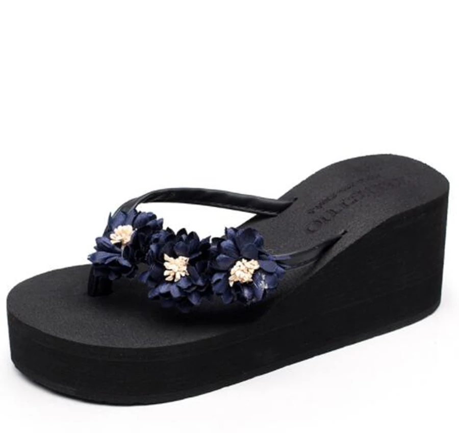 Summer Beach Thick-bottomed Flip Flops PU High-heeled Small Chrysanthemum Flower Clips Shoes Slippers Female Sponge | Обувь