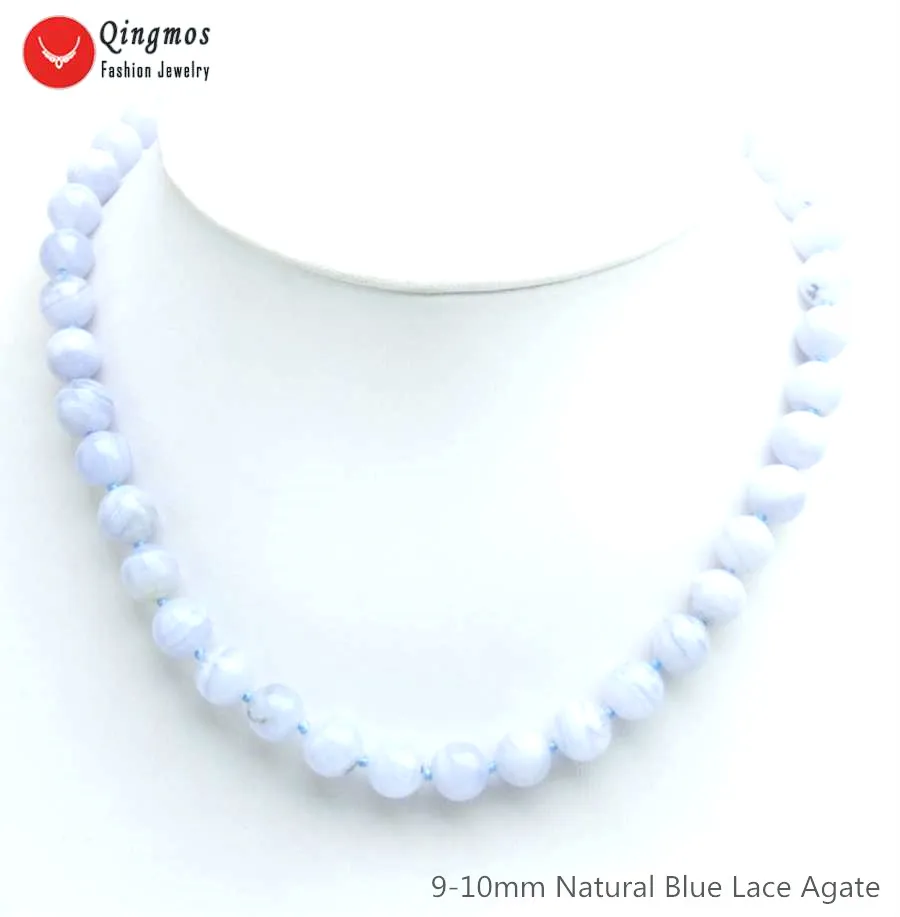 9-10mm round Qingmos Trendy Blue Lace Agates Necklace for Women with 6mm Round Natural Blue Lace Agates Stone Necklace Jewelry 17'' nec6545 - Окраска металла: 9-10mm round