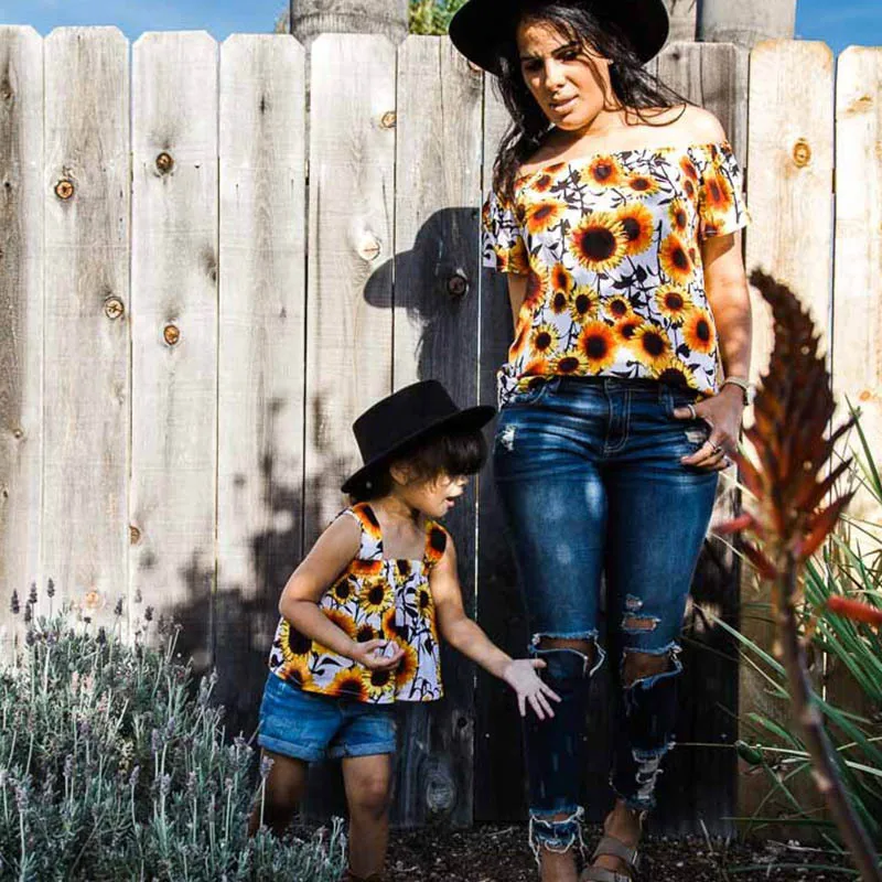 2019 Mommy and Baby Daughter Shirts Top Tee Vintage Sunflower Printing Off One-shoulder Shirt Family Matching Clothes Clothing | Мать и