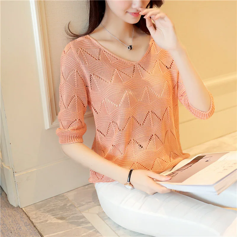 2019 Fashion Knitte Hollow Out Pullover Girls Summer Cool Ladies Pull Sweater Female Half Sleeve Jumper V-Neck Pullovers Tops | Женская