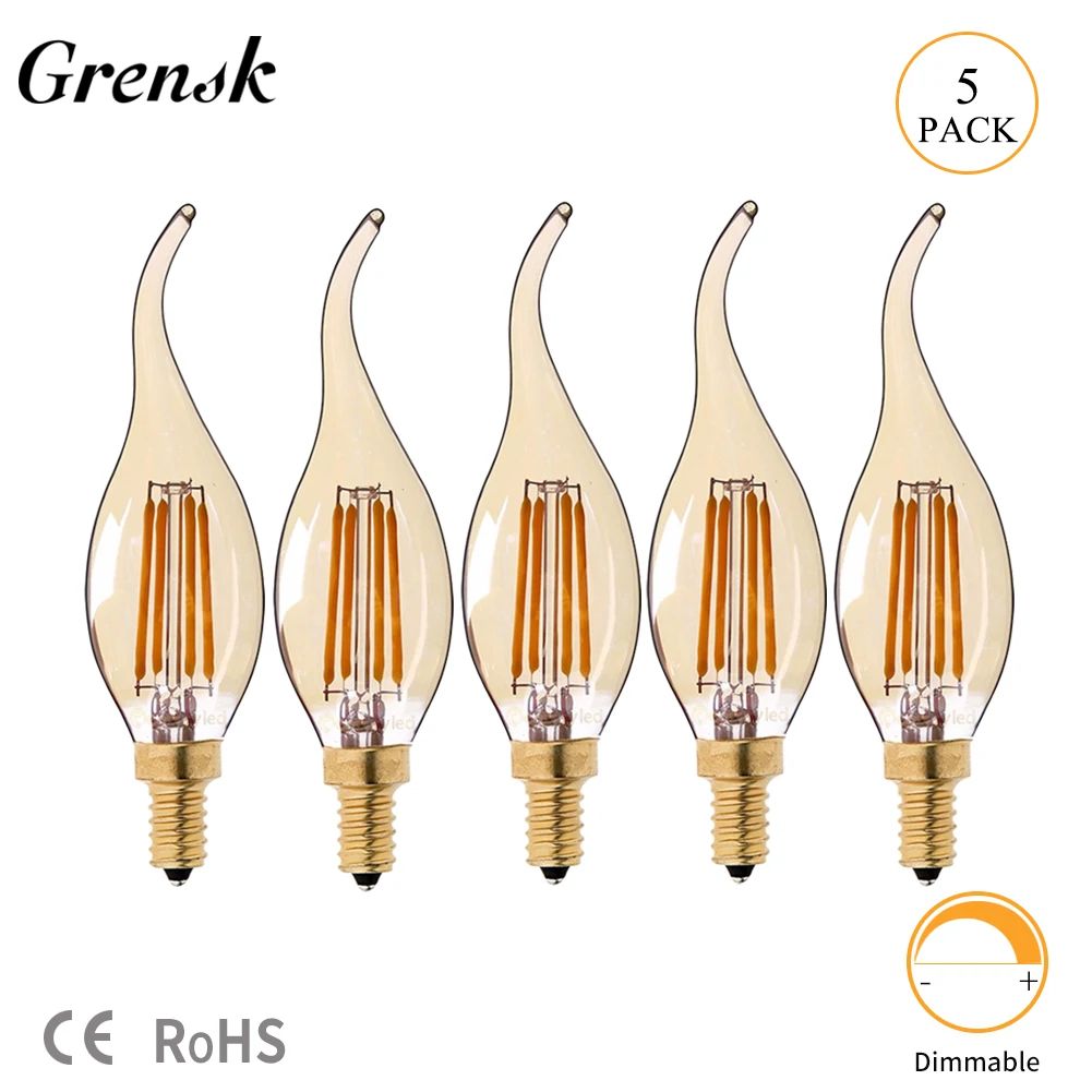 2200K 5pcs Grensk 4W Диммируемый светодиодный светильник-свеча с нитью накаливания 2200K E14 канделябр в форме пламени с изогнутым кончиком 25W эквивалент C35 - Испускаемый цвет: 2200K 5pcs
