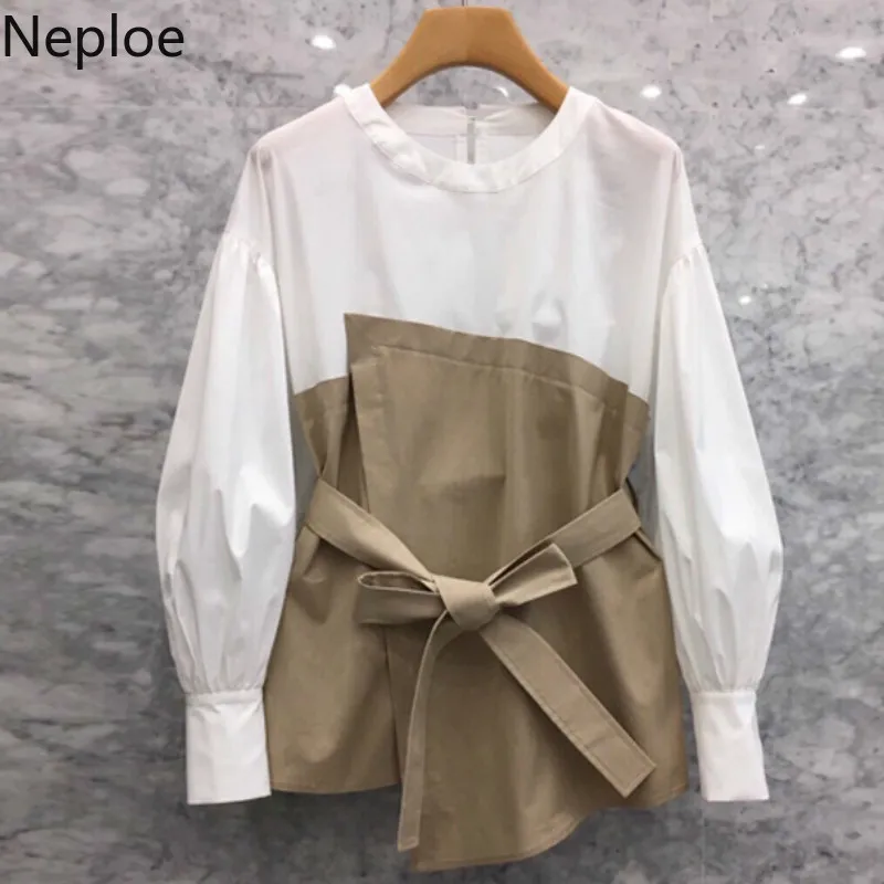 Neploe/корейские модные блузки с длинными рукавами Лоскутная повязка Туника Топы женские Blusas женские шорты Свободного Покроя Новинка женская одежда