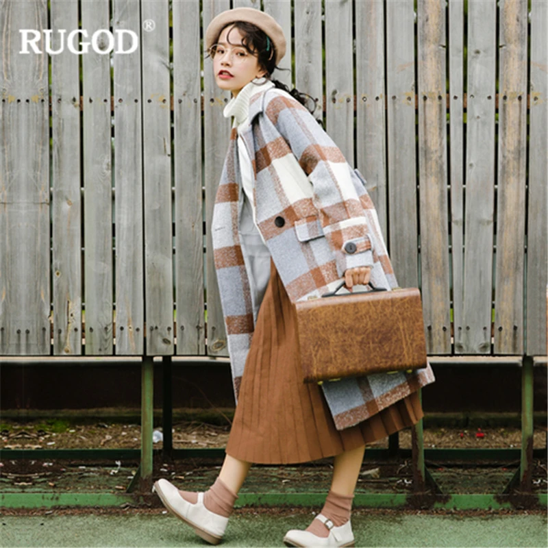 RUGOD Новое корейское цветное шерстяное пальто женское зимнее толстое в клетку