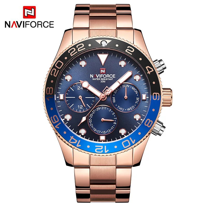 Мужские часы Топ люксовый бренд NAVIFORCE модные спортивные водонепроницаемые 24 часа дата часы мужские полностью Стальные кварцевые деловые наручные часы - Цвет: Rose Gold  Bule