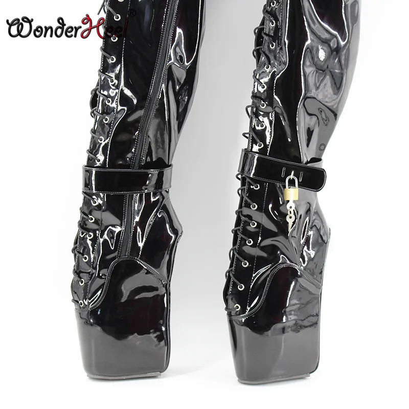 Wonderheel/балетные сапоги до бедра на очень высоком каблуке 7 дюймов; пикантные Черные Сапоги выше колена на высоком каблуке со шнуровкой и блестящими висячими замками