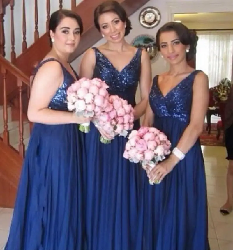 Hot&ampSexy Navy Blue Chiffon Bridesmaid Dress 2015 Shiny Sequin V-neck Floor Length Cheap Best Selling Long Wedding Party | Свадьбы и
