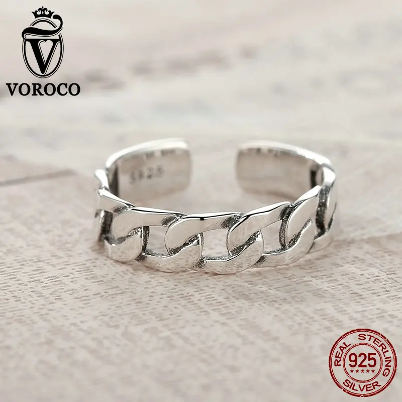 VOROCO 925 Sterling Silver Simple Strackable Twine Chain Pattern Rings Cuff Open Adjustable Ring for Woman Fine Jewelry VSR036 | Украшения