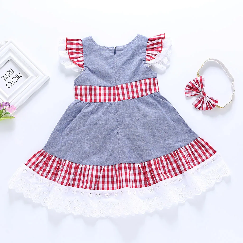 Toddler Baby Girls Fly Sleeve Plaid Ruffles Lace Pocket Dress+Headband Outfits Vintage Infant Newborn Dress 2019 | Детская одежда и