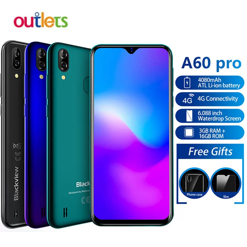 Смартфон Blackview A60 Pro с Каплевидным экраном MTK6761, 3 ГБ, 16 ГБ, Android 9,0, мобильный телефон, 4080 мАч, отпечаток пальца, распознавание лица, 4G, мобильный телефон