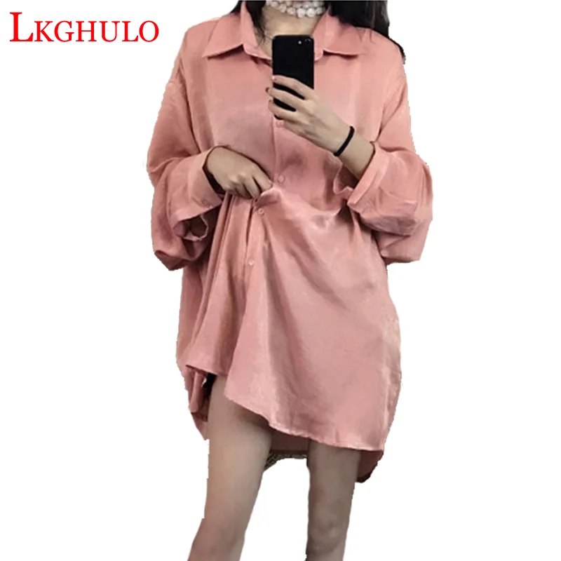 LKGHULO розовая рубашка Женская длинная блуза с длинным рукавом и отложным