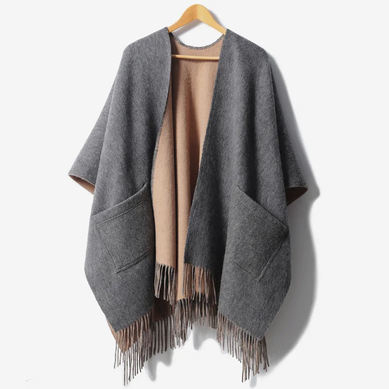 Camel Grey Шерсть, зимние пончо и накидки для женщин, кашемировые ноские шали и накидки с рукавами, женское одеяло, шарфы, пончо, палантины - Цвет: Camel Grey