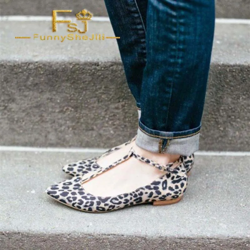 

Comfortable Leopard Print Flats T-strap Pointy Toe Suede Shoes Spring Summer Anniversary Black Friday Fashion Slip-On FSJ Sexy