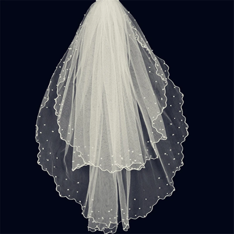 Двухслойная короткая свадебная фата цвета слоновой кости 2019 с жемчугом для