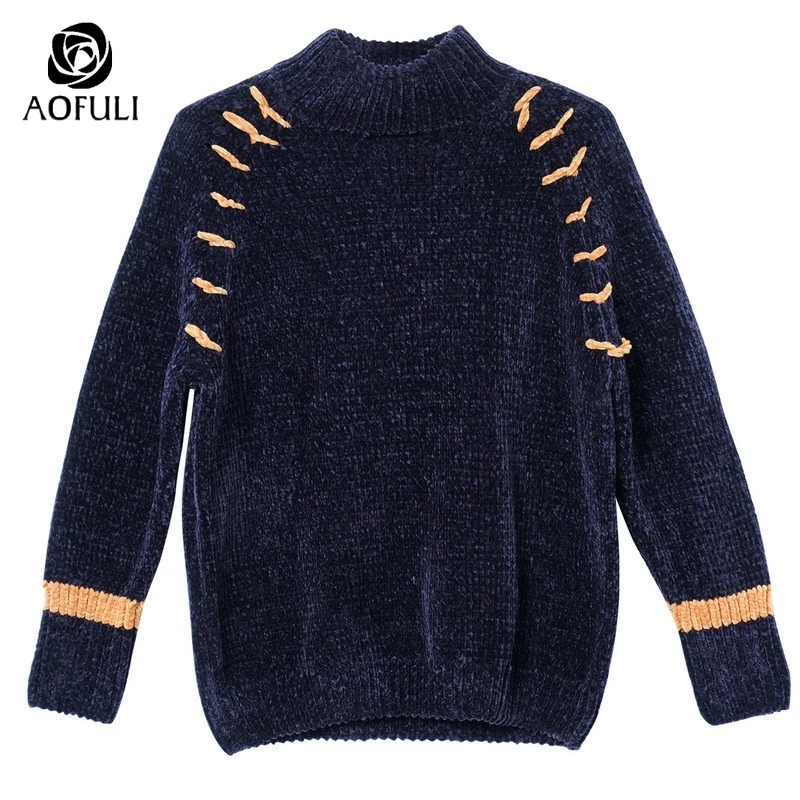 AOFULI Elegant Blue knitted sweater for women thick long sleeve pullover high neck collar warm knitwear L~ XXXL 4XL 5XL A3819 | Женская
