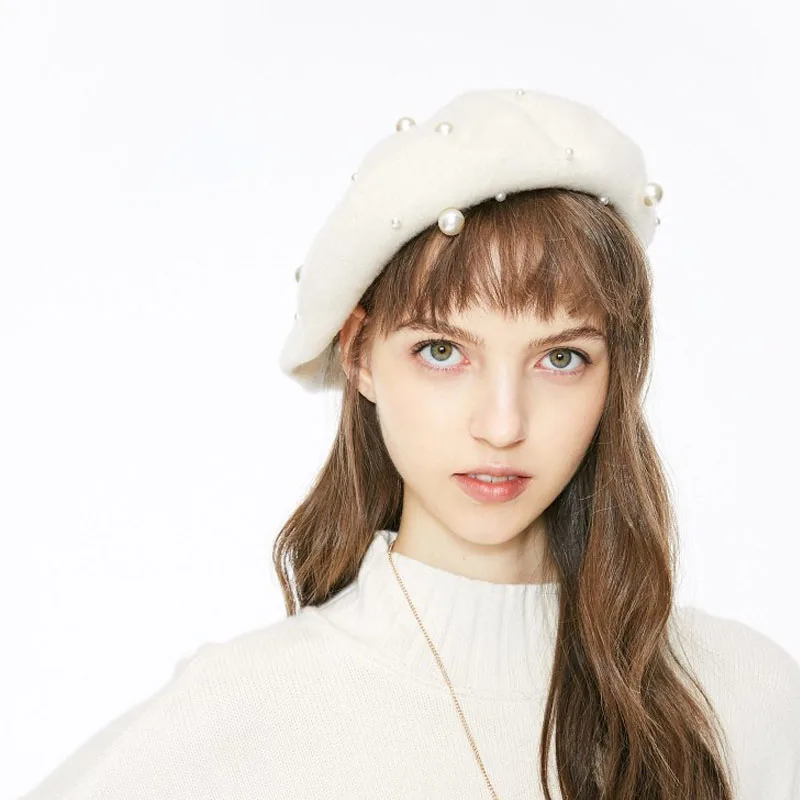 

Korean Beret Cap Autumn Winter Cashmere Luxury Starry Beaded Pearl Elegant Women Girls Lady 6 Colors Warm Dome Wool Beret Hats
