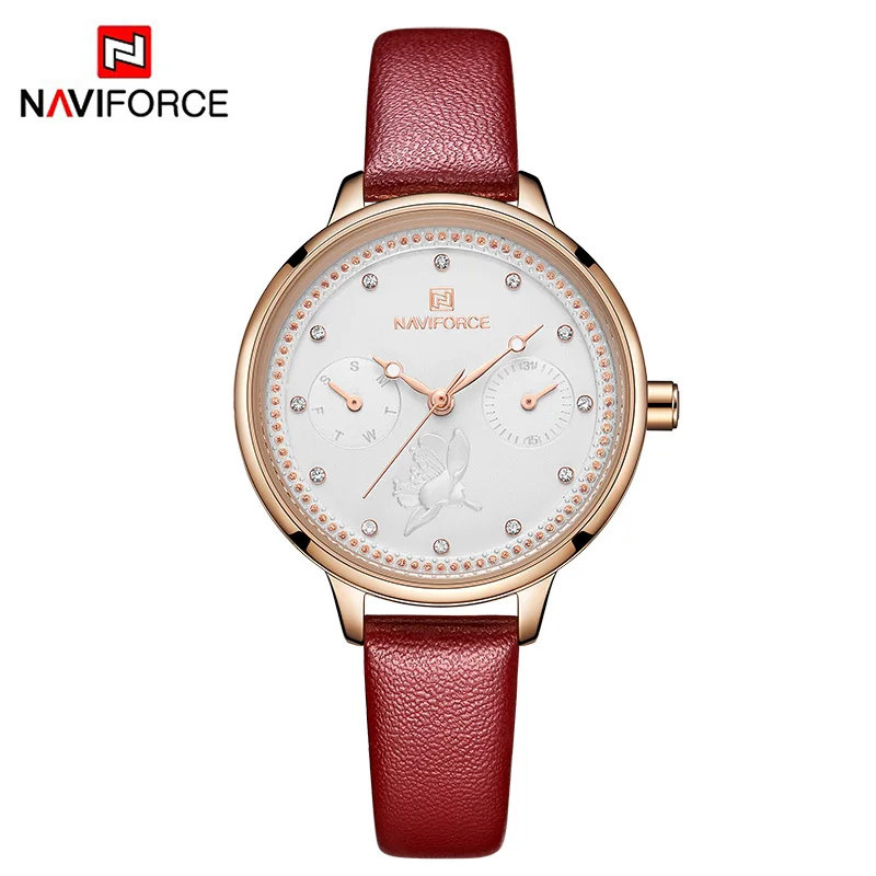 Red NAVIFORCE лучший бренд класса люкс кристалл синий для женщин часы дамы кожа Водонепроницаемый Кварцевые наручные часы женский Дата Неделя дисплей часы - Цвет: Red