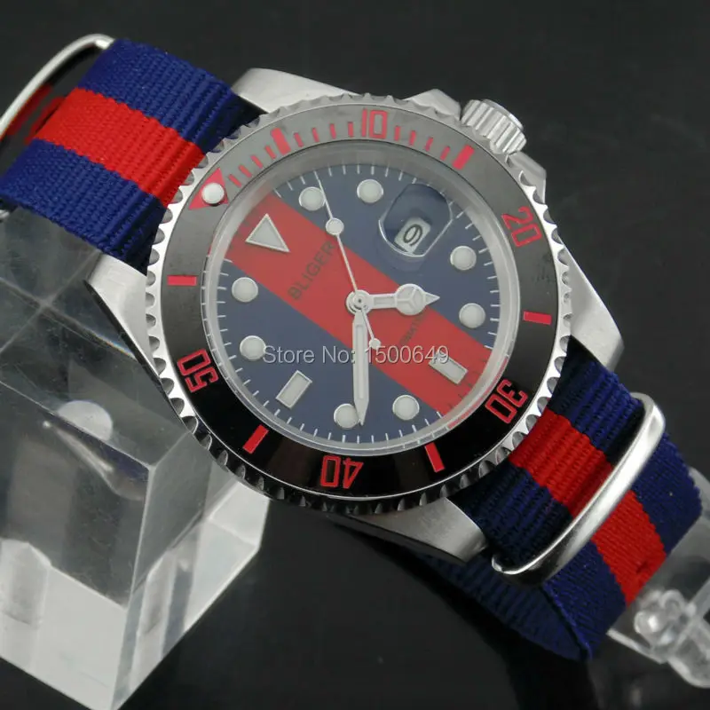 

BLIGER 40mm black Ceramic Bezel sapphire glass blue-red dial automatic Date Day mens watches
