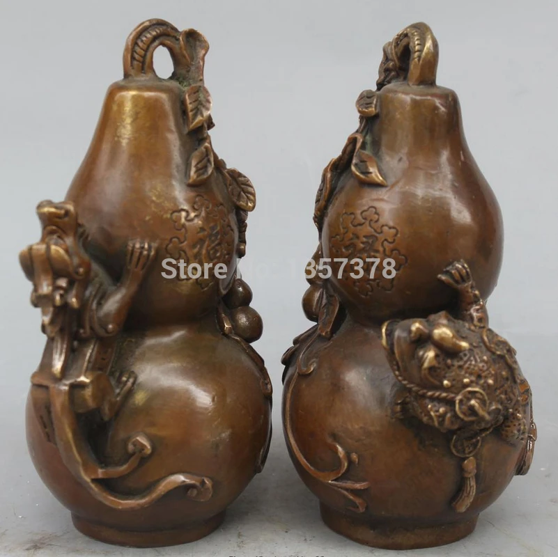 shitou 00361 Marked Chinese Bronze Fu Lu Shou Pixiu Beast Cicada Frog Calabash Pair Statue | Дом и сад