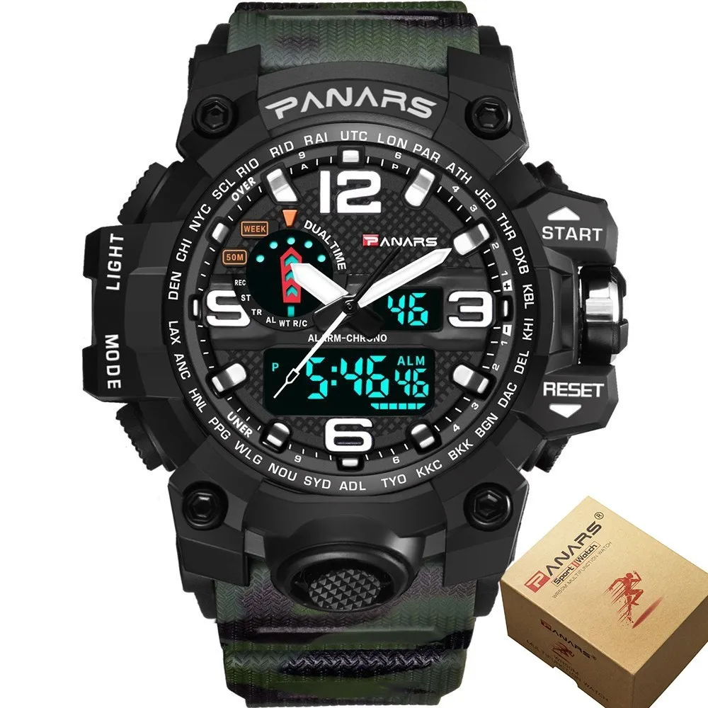 Green Camo and Box PANARS камуфляжные военные спортивные часы для мужчин, аналоговые Мужские часы, цифровые водонепроницаемые часы, мужские s светодиодный наручные часы с секундомером - Цвет: Green Camo and Box