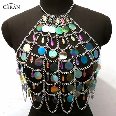 Color 2 Chran голографические диски короткий топ с блестками пояс для живота зеркальная цепочка ожерелье рейв бюстгальтер Bralete фестиваль одежда ювелирные изделия CRS413 - Окраска металла: Color 2