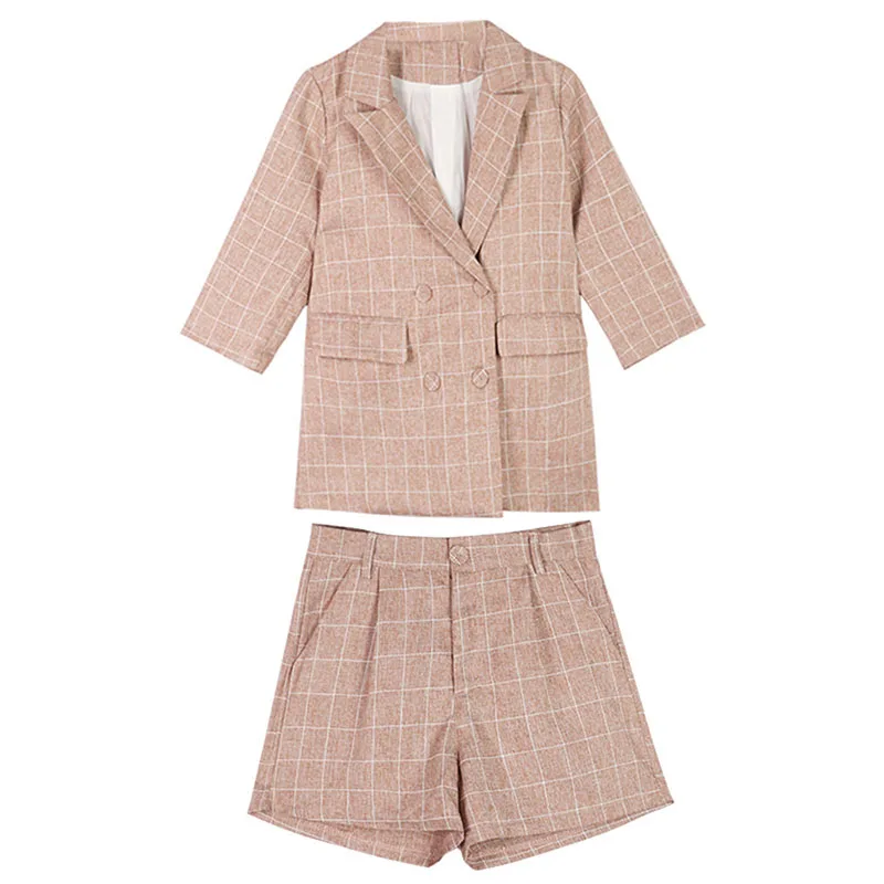 

Spring New Fashion Small Suit Korean Casual Check Double-Breasted Suit Jacket + Shorts Two-Piece Set Suit Women's Clothing A167