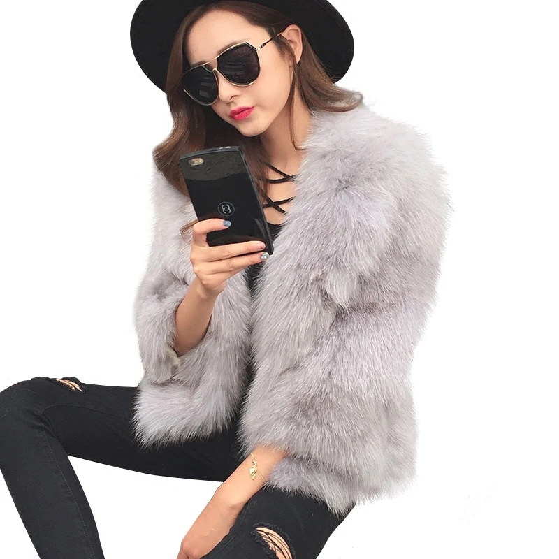 

Natural fox fur coats outerwear women turn down collar 3/4 sleeve short style fluffy real fur jackets 2019 new autumn winter