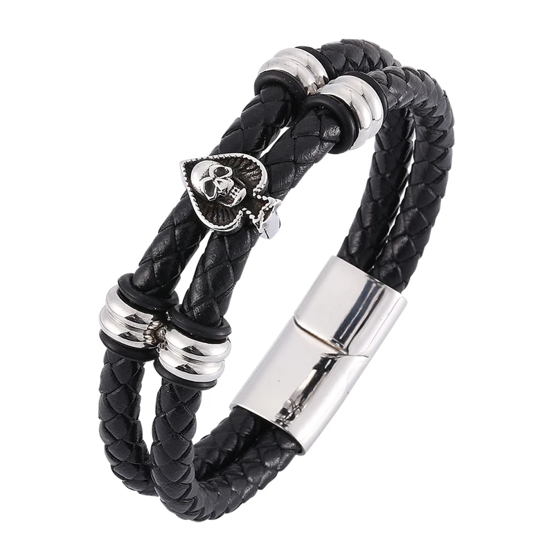 

Punk Men Bracelet Trendy Double Layer Braided Leather Bracelet Skull Spades Stainless Steel Magnetic Clasp Male Jewelry SP0327
