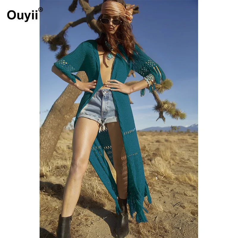 Летний вязаный ажурный пляжный кардиган на плечо с бахромой Свободный Длинный