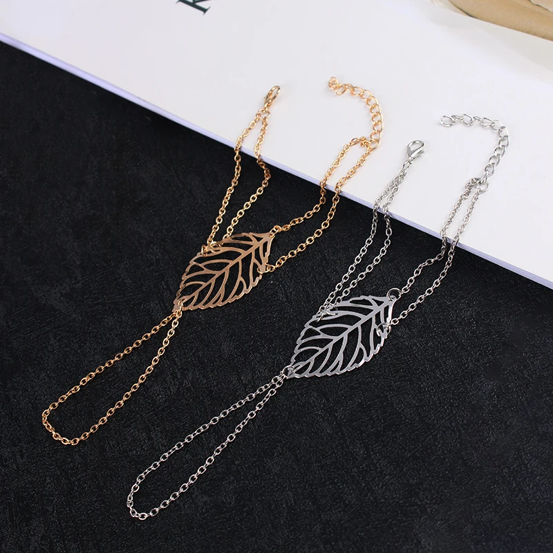 Boho Double Layer Hollow Leaf Bracelet Gold Color Metal Minimalism Bracelets For Women Party Jewelry Bijoux Femme Dropshipping