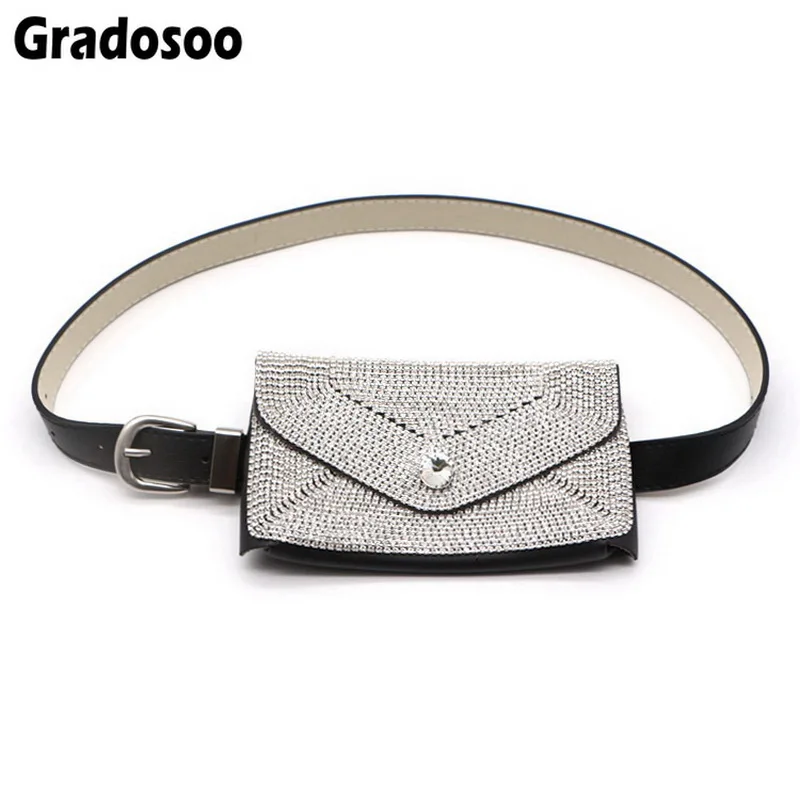 Gradosoo Rhinestone Design Women Waist Bag Ladie PU Leather Belt Bags Organizer Fashion Style Fanny Pack LBF272 | Багаж и сумки