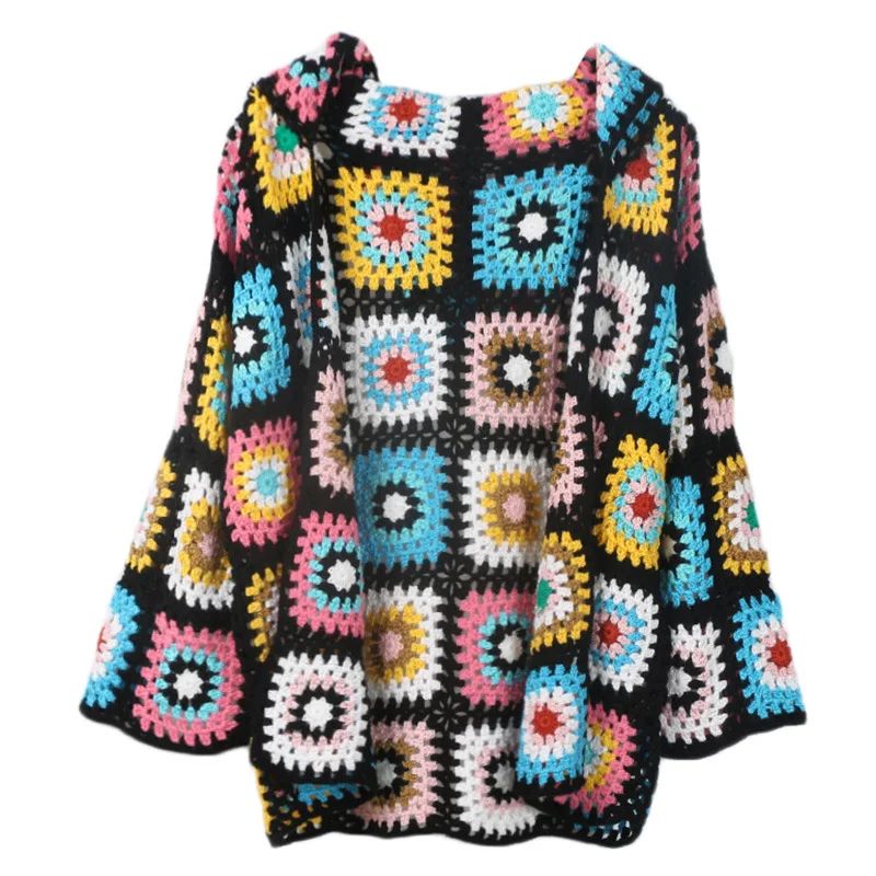 GRUIICEEN brand new fashion oversized open stitch cardigan knitting plaid hooded sweater GY2018754 |