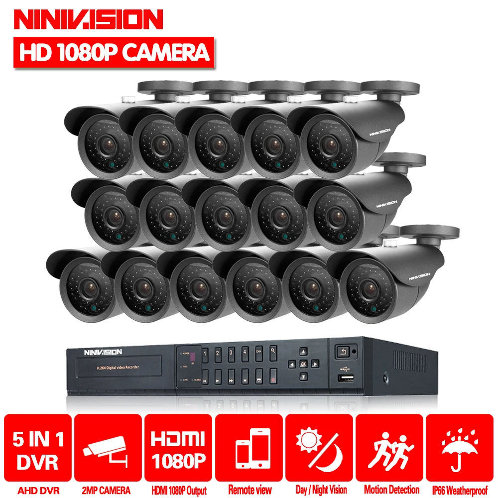Система видеонаблюдения NINIVISION 16 каналов HDMI 1080P DVR 2 Мп 3000TVL уличная инфракрасная