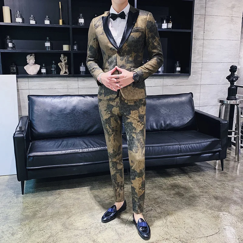 

Loldeal Men's Dress Suit Single-Breasted 2 Pieces Slim Fit 2 Buttons Suits Padded Faux Leather Stage Costumes Groom Dress