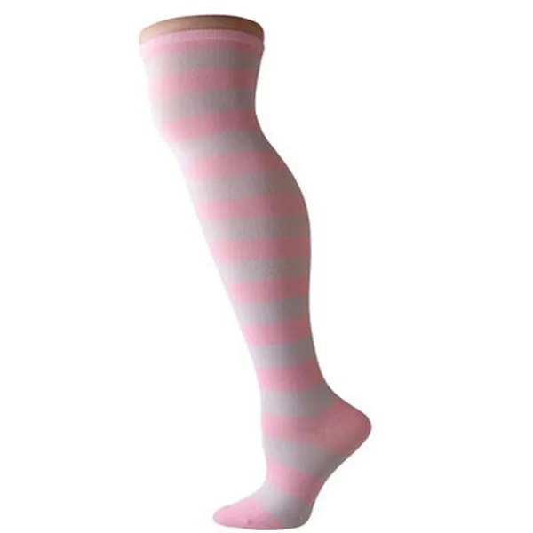 W060Pink wide stripe CUHAKCI/Полосатые носки с принтом; женские гольфы выше колена для девочек; высокие полосатые хлопковые носки; милые чулки; большие размеры; Рождество - Цвет: W060Pink wide stripe