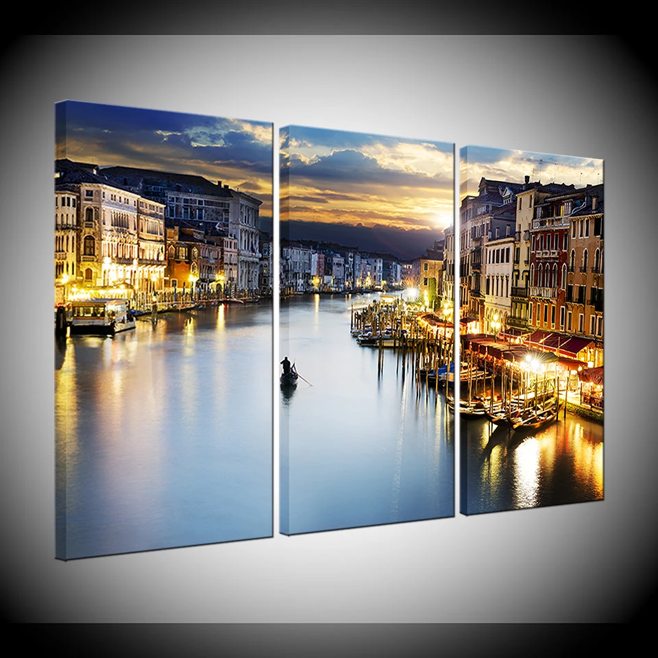 

3 Piece Canvas Wall Art Venice Canal Night Printed Oil Painting On Canvas Wall Pictures for living Room Home Decor Frame Artwork