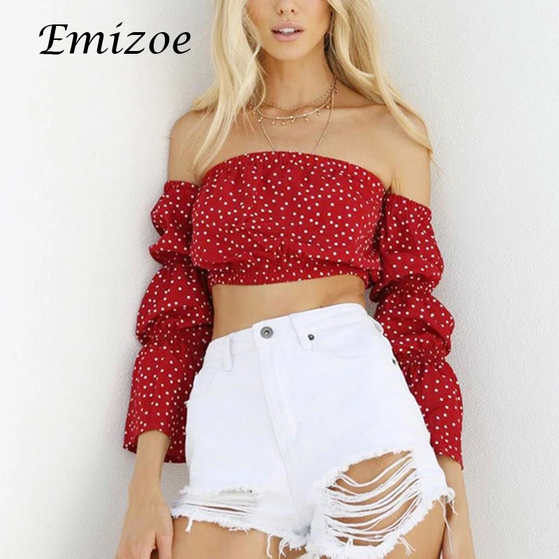 Emizoe 2018 летнее платье в горошек с принтом женские блузки рубашки открытыми