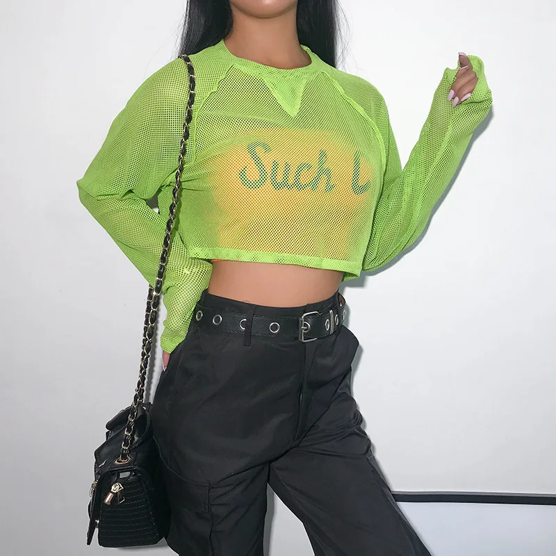 Женский укороченный топ с круглым вырезом прозрачный неоновый зеленый длинным