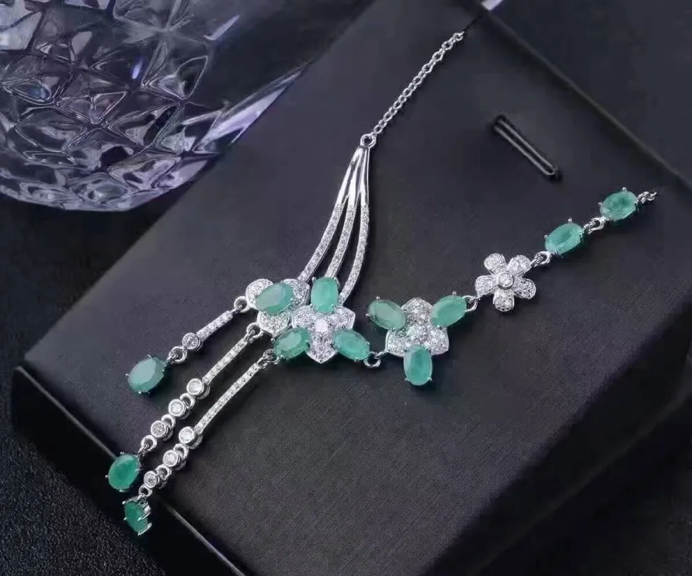 

Natural green emerald Necklace natural gemstone Pendant Necklace S925 silver Luxury fashion tassel flowers women party Jewelry
