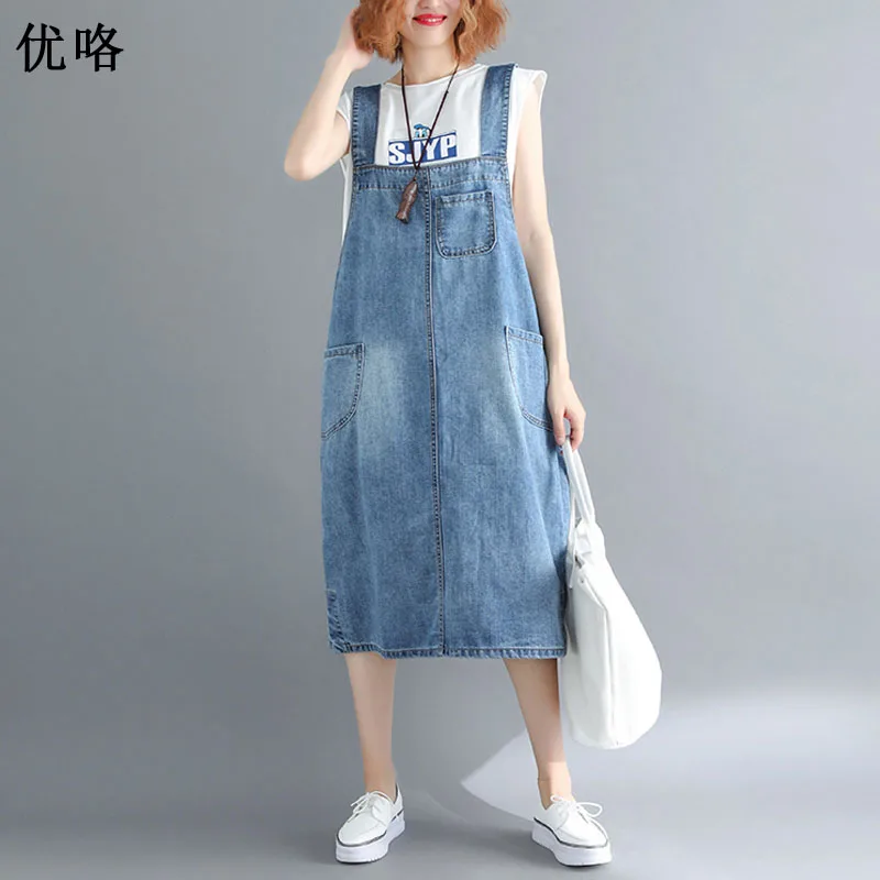 

2019 Summer New Women Overalls Denim Midi Dress Plus Size Sleeveless Jeans Pockets Strap Dress Female Casual Streetwear Vestidos