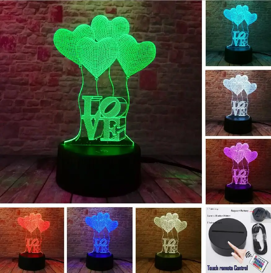 С днем рождения любовь сердце шары 3D Визуальный светодиодный RGB Ночной светильник лампа настольная Иллюзия настроение затемнение лампы 7 цветов удивительные подарки - Испускаемый цвет: Controller 7 Color