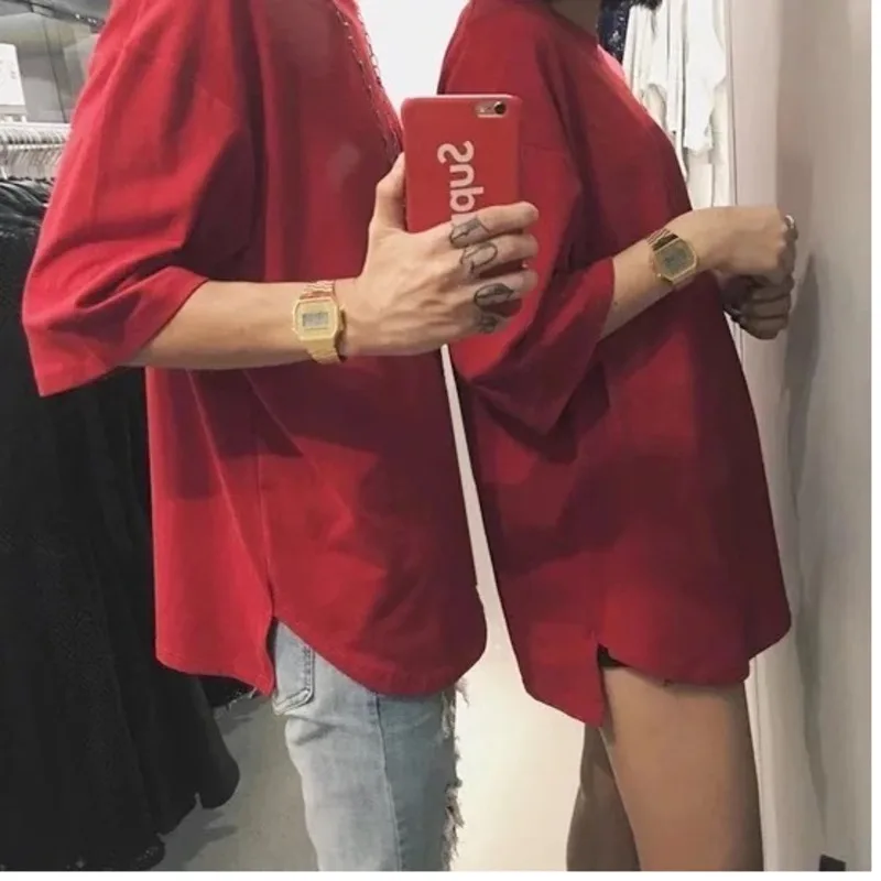 red Новые летние Для мужчин молодежи японской версии Harajuku Стиль с короткими рукавами пара свободные однотонные Цвет Повседневная футболка модная одежда - Цвет: red