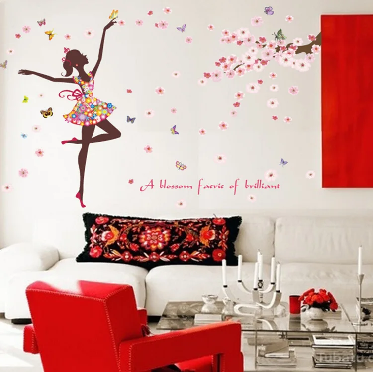 Romantic flower fairy beautiful girl large wall stickers home decor living room girls rooms removable art wallpaper | Дом и сад