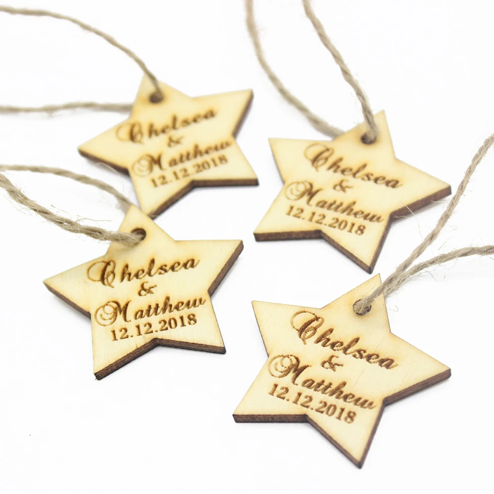 

50pcs 4x4cm Personalized Engraved Wooden Wedding Gifts Decor Tags With Jute String Love Star Tags Party Gifts Decoration Favors