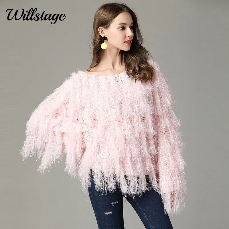 Willstage Winter Pink Sweater Women Feather Long Sleeve Tassel Pullovers Elegant O neck Knitted Tops 2019 Autumn Clothes Female | Женская