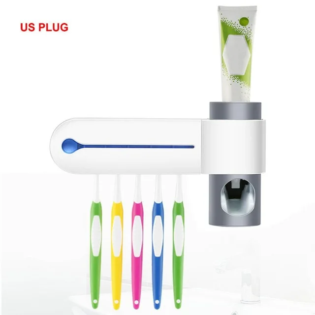 US PLUG 2 в 1 УФ держатель для зубных щеток, диспенсер для зубной пасты+ 5 дезинфекционный шкаф для зубной щетки настенный набор для ванной комнаты - Цвет: US PLUG