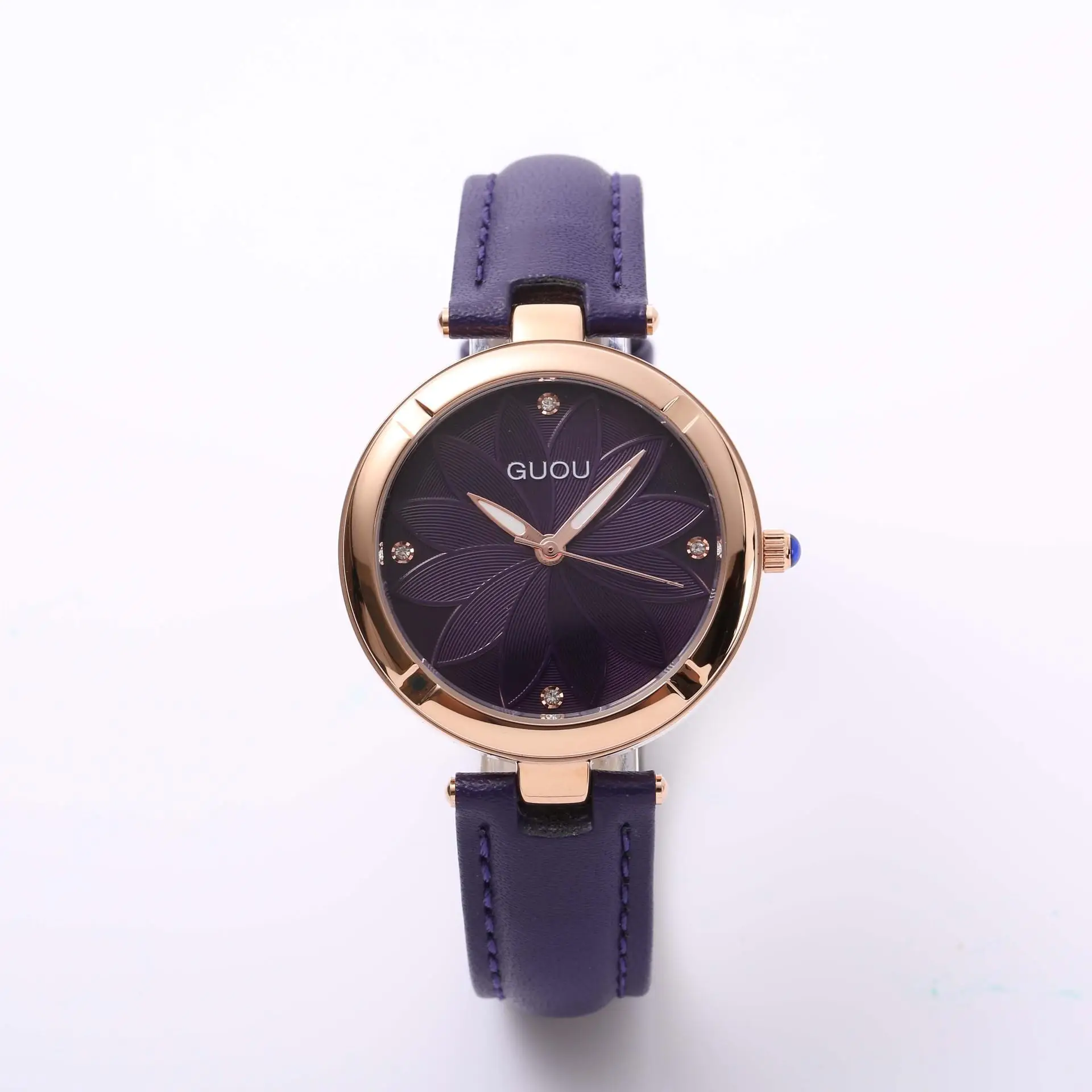 Purple Leather Бренд Guou роскошные женские часы из натуральной кожи или часы из розовой стали простые модные женские часы под платье Подарочное платье - Цвет: Purple Leather