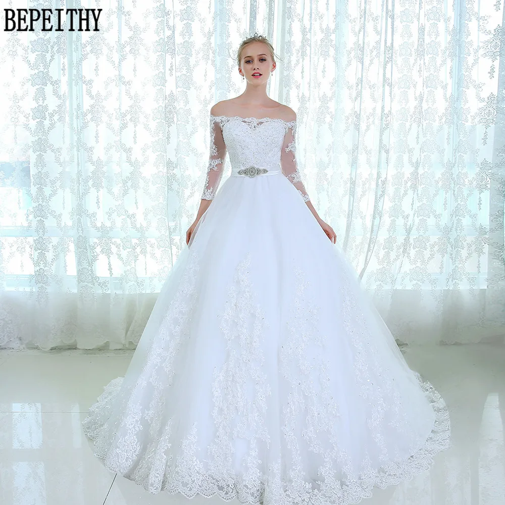 BEPEITHY Vestido de noiva кружевное Тюлевое свадебное платье невесты пояс А-силуэта длинный рукав с бисером свадебное платье es