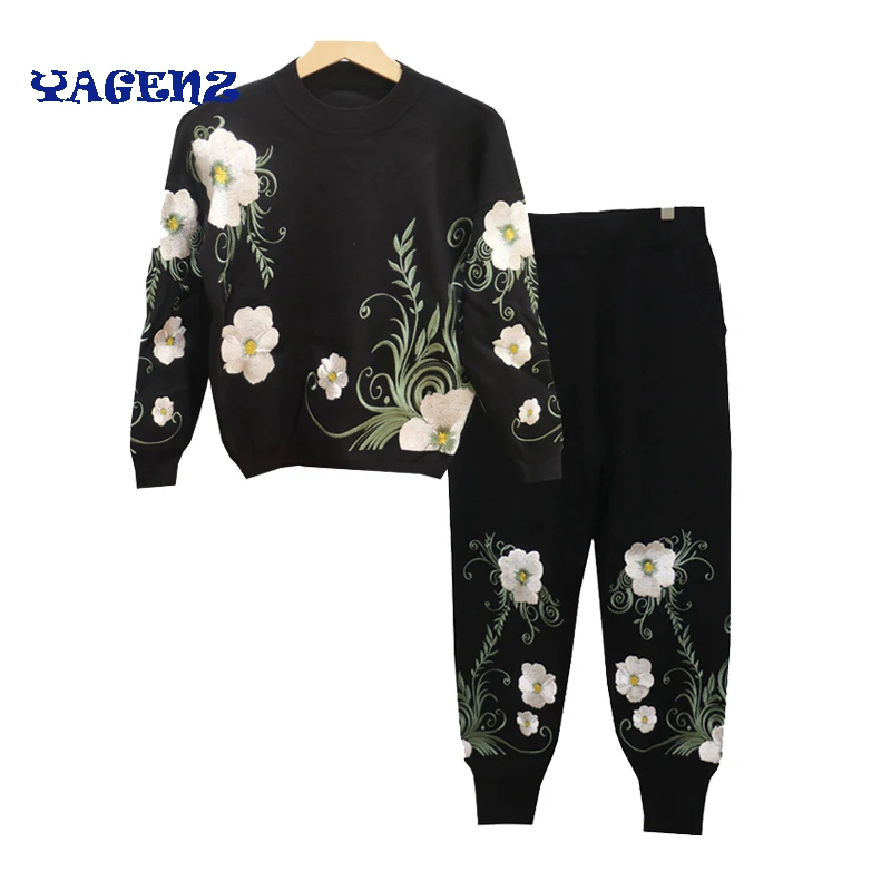 Women's 2 Pieces set Autumn Winter Flower Embroidered Loose Knitted Sweater + Harem Trousers Two women Pants Set |
