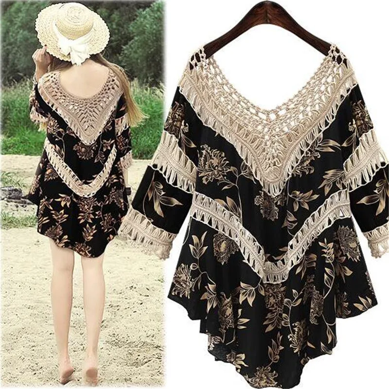 2019 Весна Лето Топ Женская футболка хиппи рубашка BOHO Мексиканская полый