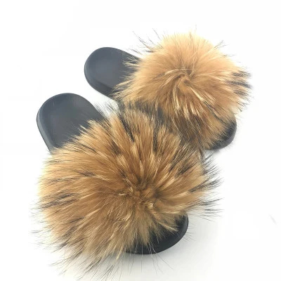 raccoon fur Instagram Online Cilibrity/Женская обувь; меховые шлепанцы; модные женские шлепанцы с натуральным лисьим мехом; летние сандалии с мехом енота для путешествий - Цвет: raccoon fur